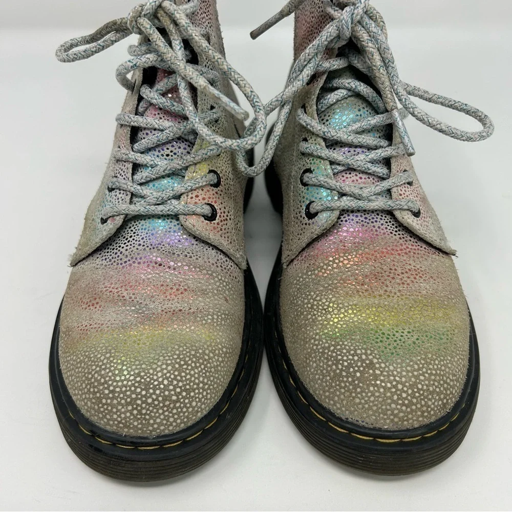 Dr. Martens Pascal White Metallic Rainbow Glitter Lace Up Kids Boots Size 3